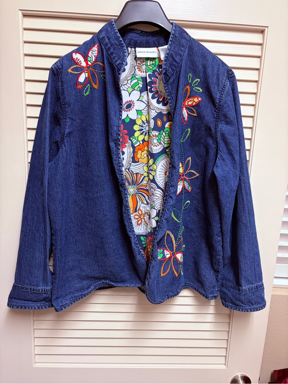 Alfred Dunner Embroidered Denim Jacket Floral Boho Open Front Womens 14 Artsy